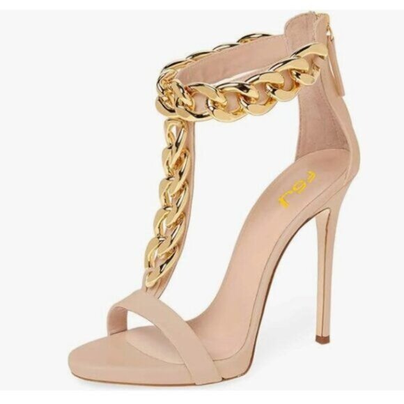 FSJ Shoes - FSJ Nude T-Straps High Heel Sandals Golden Chains Open Toe Ankle Straps Shoes